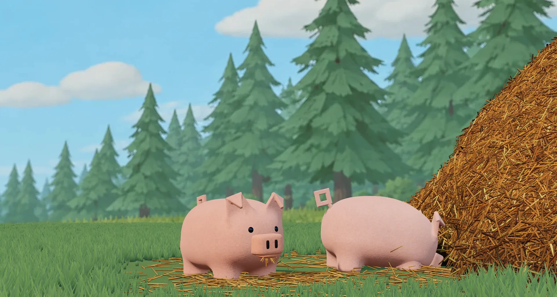 Two felt pigs eating hay at the foot of a giant haystack